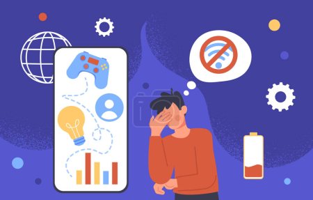 Illustration for Man with information overload concept. Young guy near smartphone with lightbulb and graphs, diagrams. Social media addiction and doomscrolling. Cartoon flat vector illustration - Royalty Free Image