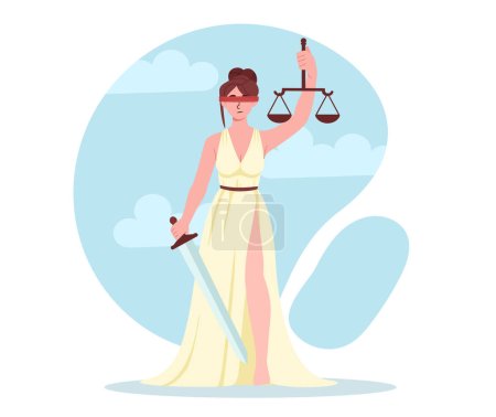 Illustration for Justice woman concept. Young girl in white dress with scales and sword. Law and legal support. Judge Themis, Greek mythology goddess. Poster or banner. Cartoon flat vector illustration - Royalty Free Image