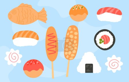 Korean food set. Fish and seafood with rice. Rolls and sushi. Menu of traditional asian restaurant and cafe. Japanese eating. Cartoon flat vector collection isolated on blue background