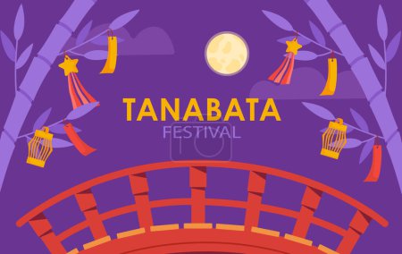 Illustration for Tanabata festival concept. International holiday and festival. Stars and golden cage at pendants near tree branches. Poster or banner for website. Cartoon flat vector illustration - Royalty Free Image