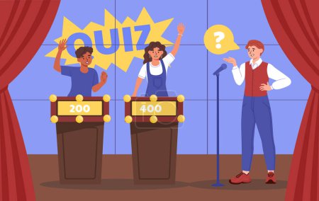 Illustration for TV program quiz concept. Host with players in intellectual game of erudition. Man and woman answer to questions. Television industry and broadcasting. Cartoon flat vector illustration - Royalty Free Image