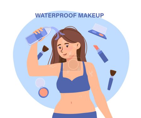 Illustration for Woman with waterproof makeup concept. Young girl with cosmetic at face. Powder and brushes, lipstick. Beauty, aesthetics and elegance. Cartoon flat vector illustration isolated on white background - Royalty Free Image
