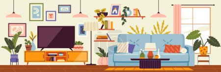 Cozy Living room interior. Comfortable apartment with sofa, chair, paintings, TV, lustre, window and house plants. Flat vector illustration