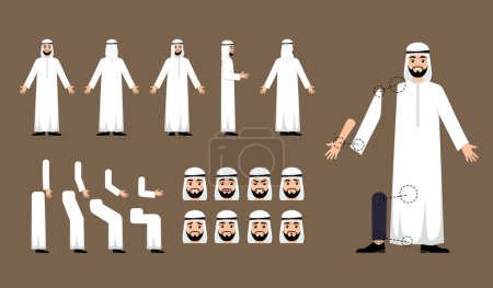 Téléchargez les illustrations : Caractère masculin arabe pour l'animation. Homme en vêtements arabes traditionnels. Fiche modèle avec séquence d'animation du cycle de marche. Ensemble d'illustrations vectorielles isolées - en licence libre de droit