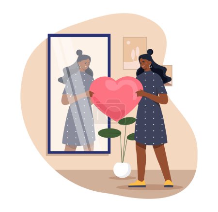 Illustration for Woman with heart near mirror. Young girl wth self love and acceptance, high self esteem. Positive and optimism, feelings. Psychology and mental health. Cartoon flat vector illustration - Royalty Free Image