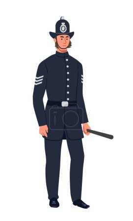 Illustration for British retro man concept. Policeman in black uniform. Culture and history of Great Britain. Graphic element for website. Cartoon flat vector illustration isolated on white background - Royalty Free Image