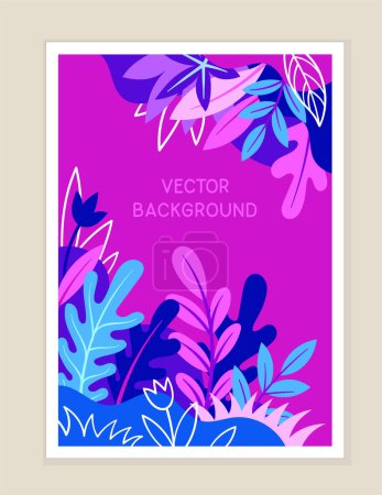 Illustration for Floral bright banner. Blue and violet flowers and plants. Fashion and style. Trendy cover for magazine. Graphic element for website. Cartoon flat vector illustration isolated on beige background - Royalty Free Image