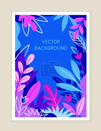 Illustration for Floral bright banner. Blue and violet flowers and plants. Fashion and style. Aesthetics and elegance. Poster or cover. Cartoon flat vector illustration isolated on beige background - Royalty Free Image