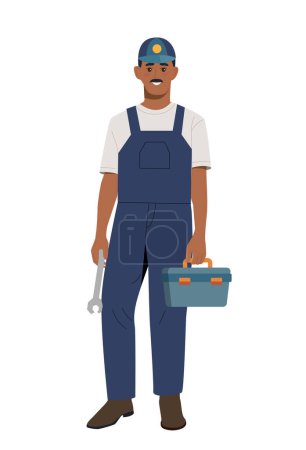 Person of various profession concept. Builder and repairman with toolbox. Sticker for social networks and messengers. Cartoon flat vector illustration isolated on white background