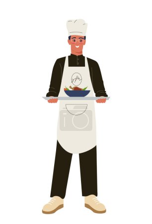 Person of various profession concept. Cook and chief with tray. Man in white hat and apron. Cafe and restaurant, catering staff. Cartoon flat vector illustration isolated on white background
