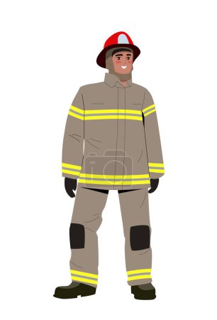 Person of various profession concept. Firefighter in protective uniform. Man in red hat. Safety and security. Poster or banner. Cartoon flat vector illustration isolated on white background