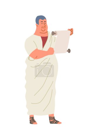 Illustration for Ancient rome person. History and culture. Man with scroll in white blanket. Duke and poet, theatrical artist. Template and layout. Cartoon flat vector illustration isolated on white background - Royalty Free Image