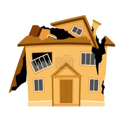 Ruined cracked building. Yellow home after disaster and catastrophe. Graphic element for website. Demolition and collapse. Cartoon flat vector illustration isolated on white background