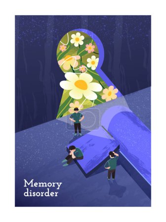 Illustration for Human psychology poster. Despair Character with memory disorder cannot find way to his memories. Dementia and Alzheimer disease. Cartoon flat vector illustration isolated on white background - Royalty Free Image