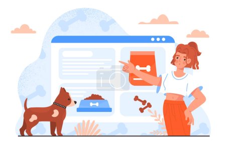 Illustration for Dog platform concept. Woman with pet at website page. Information for domestic animals owners. Guide about feeding for puppies. Care about animals. Cartoon flat vector illustration - Royalty Free Image