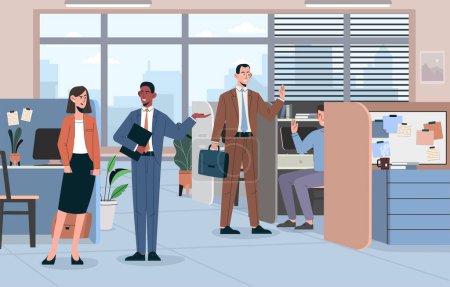 Illustration for People in office concept. Men and women in suits discuss project. Colleagues work at common project. Time management and efficient workflow. Bosses with subordinates. Cartoon flat vector illustration - Royalty Free Image