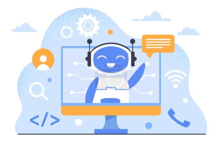 Illustration for Ai powered content concept. Chat bot at computer screen. Artificial intelligence and machine learning. Article for website and social networks. Poster or banner. Cartoon flat vector illustration - Royalty Free Image