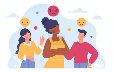 Illustration for Angry woman in crowd concept. People with different emotions and mood. Happy young guy and girl near dissatisfied friend. Mental health and psychology. Cartoon flat vector illustration - Royalty Free Image
