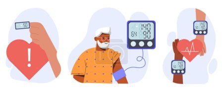 Illustration for Blood pressure set. Health care and treatment, medicine. Elderly man with medical equipment. Pensioner checking his pulse, heartbeat. Cartoon flat vector collection isolated on white background - Royalty Free Image