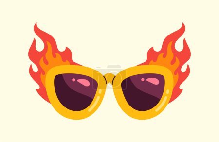 Illustration for Carnival glasses concept. Accessory for holiday and festival. Element of clothing for masquerade. Yellow sunglasses in fire. Cartoon flat vector illustration isolated on beige background - Royalty Free Image