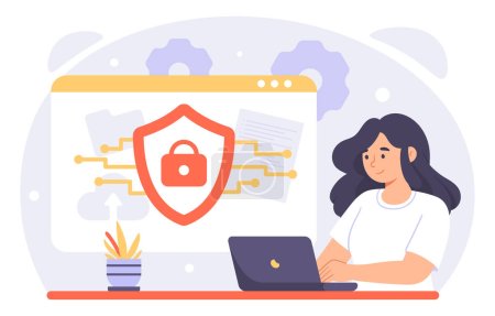 Illustration for Cybersecurity online concept. Woman sitting at laptop with shield. Protection of personal data and information. Prevention of hacking, antivirus. Cartoon flat vector illustration - Royalty Free Image