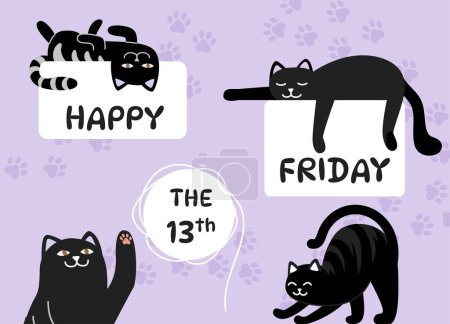 Illustration for Happy Friday 13th concept. Black cats near letters and inscriptions. Mythology and legend. Spooky and creepy date. Poster or banner for website. Cartoon flat vector illustration - Royalty Free Image