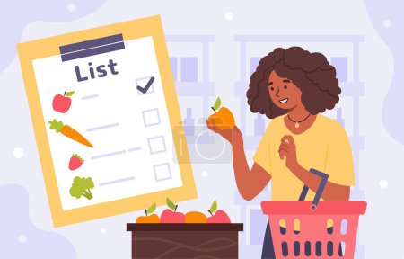 Healthy food list concept. Woman with list of apple, tomato and carrot. Girl with natural and organic products. Nutrition and vegetarian diet, weight loss. Cartoon flat vector illustration