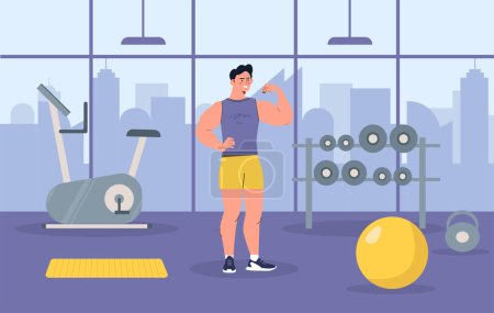 Illustration for Man in gym concept. Young guy with sport equipment. Dumbbells and yellow fitball. Active lifestyle and training, workout. Sportsman and athlete, bodybuilder. Cartoon flat vector illustration - Royalty Free Image