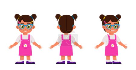 Illustration for Set of Character Constructor for Animation. Smiling preschool girl in different poses. Body position. Front, back and side views. Cartoon flat vector illustrations isolated on white background - Royalty Free Image