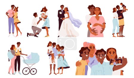 Illustration for Stages of family development. Starting relationship, wedding, pregnancy, childbirth and parenthood. Happy couple with son and daughter. Cartoon flat vector illustration isolated on white background - Royalty Free Image
