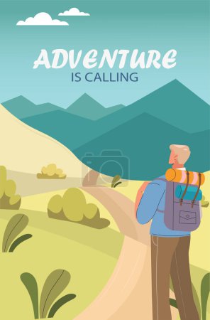 Illustration for Banner man hiking. Man with bag at road. Active lifestyle and leisure, camping. Traveler and tourist rest at nature. Spring and summer season. Poster or cover. Cartoon flat vector illustration - Royalty Free Image