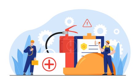 Illustration for Concept of OSHA. Occupational Safety and Health Administration. Men in protective uniform with first aid kit and regulations. Document with safety rules. Cartoon flat vector illustration - Royalty Free Image