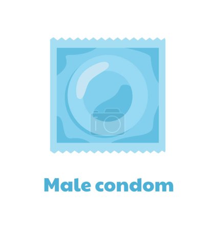 Illustration for Type of contraception concept. Male condom in package. Sexual eductaion. Medical infographic. Sticker for social networks and messengers. Cartoon flat vector illustration isolated on white background - Royalty Free Image