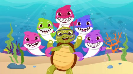 Illustration for Jolly Turtle and funny sharks underwater. Turtle in glasses near colorful sharks. Poster for kids. Nautical and marine dwellers and animals. Cartoon flat vector illustration - Royalty Free Image