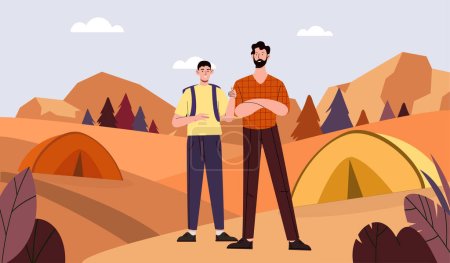 Illustration for Men camping at autumn. Young guys near yellow tent and orange hills. Hiking and active lifestyle. Friends resting outdoor. People in forest in fall season. Cartoon flat vector illustration - Royalty Free Image