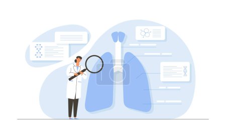 Illustration for Medical lungs research concept. Woman in coat analyze bronchial structure and anatomy. Health care, diagnosis and treatment. Cartoon flat vector illustration isolated on white background - Royalty Free Image