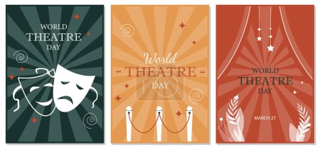 World theater day posters set. Red, yellow and green booklets with masks. Tragedy and comedy. Cultural rest, creativity and art. Cartoon flat vector collection isolated on white background