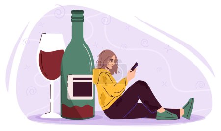 Illustration for Woman with alcoholism concept. Young girl near bottle with alcoholic drink and glass. Mental disorders and addition to alcohol. Person with bad habit. Cartoon flat vector illustration - Royalty Free Image