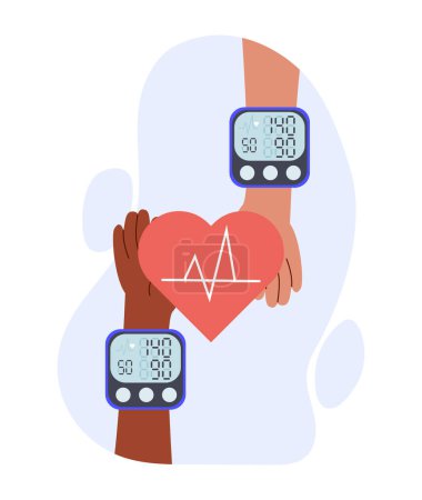 Illustration for Blood pressure measurement concept. Two hands with tachometer. Health care and medicine. Diagnosis and treatment. Pulse rating. Cartoon flat vector illustration isolated on white background - Royalty Free Image