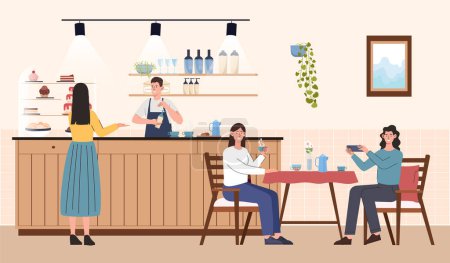 Illustration for Coffee house interior concept. Scene with visitors in cafe. Women sitting at table with tea, mugs at hot drink. People in catering building. Poster or banner. Cartoon flat vector illustration - Royalty Free Image