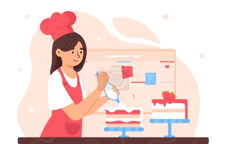Illustration for Confectioner at workplace concept. Woman in pink apron and hat with cake. Bakery and pastry. Girl prepare dessert and delicacy. Cartoon flat vector illustration isolated on white background - Royalty Free Image