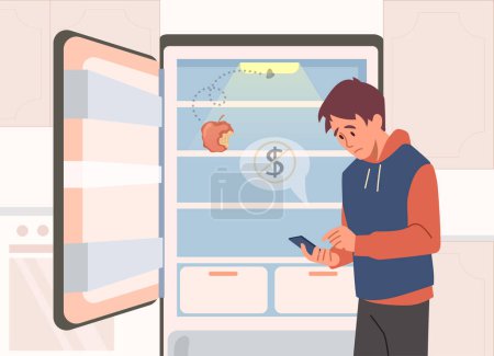 Illustration for Hungry man near refrigerator. Young guy without money and food. Bankruptcy and financial problems. Character with cash probems near fridge at kitchen. Cartoon flat vector illustration - Royalty Free Image