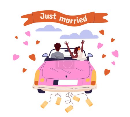 Just married poster. Wedding ceremony. Man and woman at pink automobile. Love and romance. Husband and wife, newlyweds at car. Cartoon flat vector illustration isolated on white background