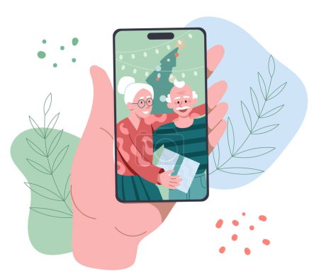Ilustración de Videollamada con pareja de ancianos. Mano con teléfono inteligente con abuelos en la pantalla del teléfono móvil. Comunicación a distancia e interacción en mensajeros. Dibujos animados ilustración vector plano - Imagen libre de derechos