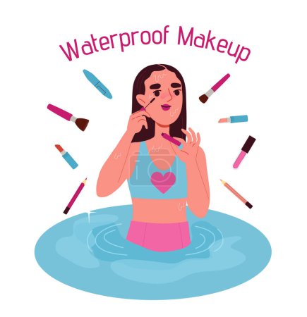 Illustration for Waterproof makeup concept. Woman with brushes and cosmetics. Beauty, elegance and aesthetics. Eyeshadow and lipstick, pencil. Cartoon flat vector illustration isolated on white background - Royalty Free Image