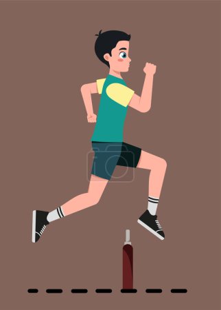 Illustration for Running teenage boy. Young guy athlete jogs, performs physical exercises and overcomes obstacles. Sports, activity and healthy lifestyle. Workout or outdoor training. Cartoon flat vector illustration - Royalty Free Image