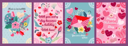 Feliz día de San Valentín cartel conjunto. Cubiertas románticas con corazones rosados, ramos de flores florecientes, cartas de amor. Elemento de diseño para tarjeta de felicitación. Dibujos animados colección vector plano aislado en el fondo