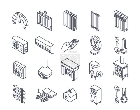 Illustration for Home heating linear icons set. Radiator, fireplace, wood burning stove, fan and air conditioner. Design elements for application. Outline simple vector collection isolated on white background - Royalty Free Image