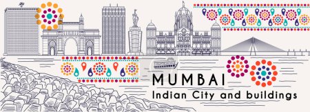 Téléchargez les illustrations : Skyline de Mumbai. Panorama de la ville indienne de Mumbai avec des monuments et des bâtiments célèbres. Paysage avec architecture urbaine et monuments. Paysage urbain avec gratte-ciel. Schéma illustration vectorielle plate - en licence libre de droit