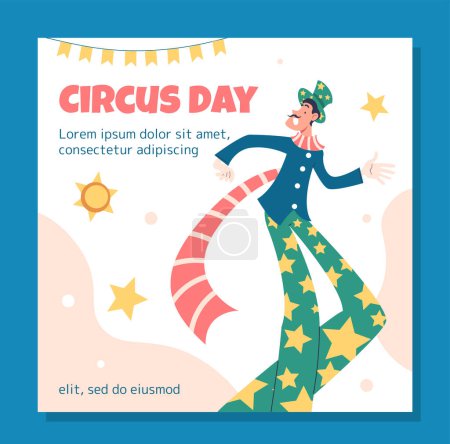 Illustration for Circus Day poster. International holiday and festival 16 April. Man with red scarf. Magician and illusionist. Entertainment and leisure. Cartoon flat vector illustration isolated on blue background - Royalty Free Image